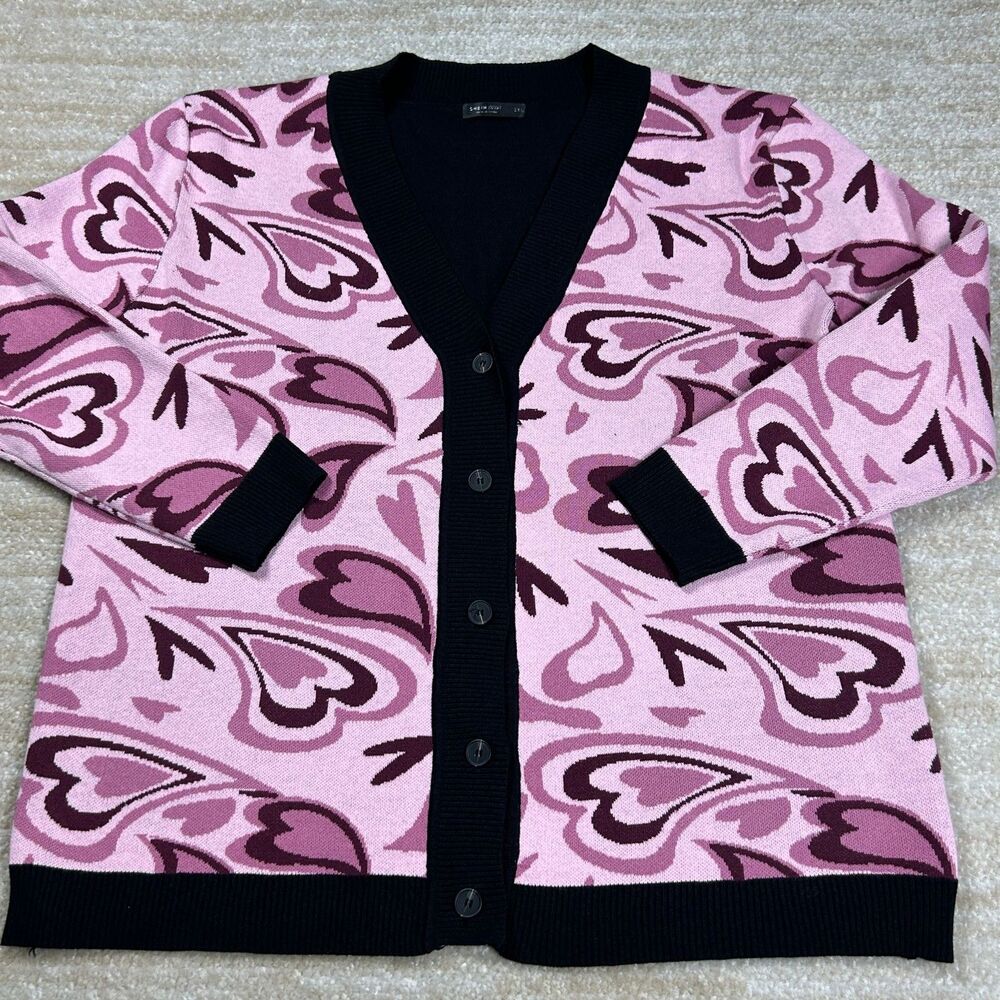 SHEIN Curve Cardigan Womens 2XL Pink Black Heart Print Button Front Knit Soft